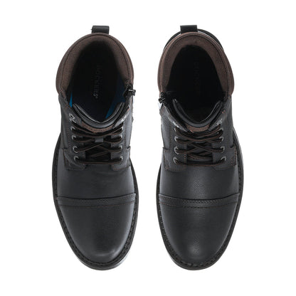 Pair of men's black lace-up boots, front view with eyelets and padded interior