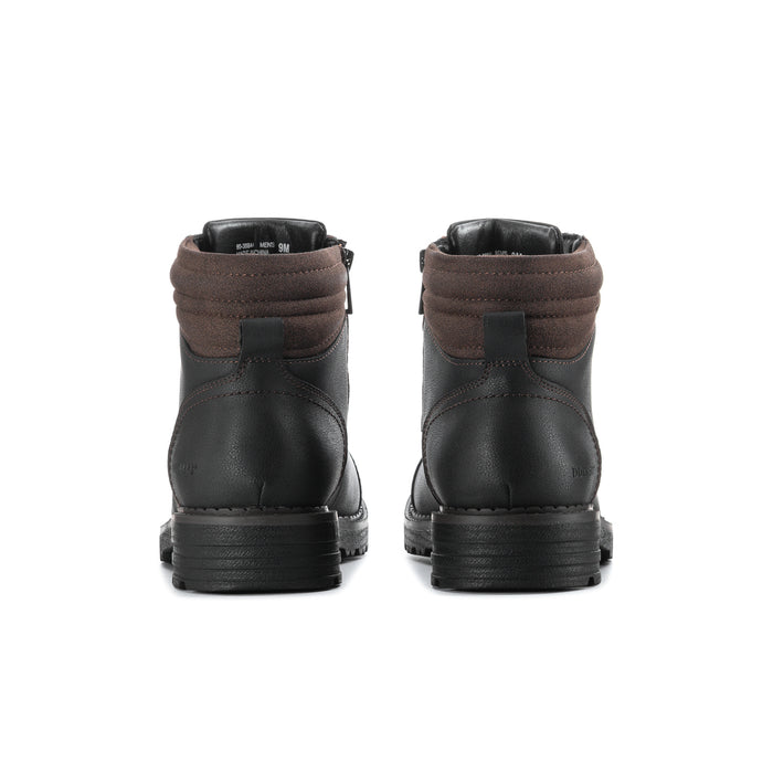 Men's black ankle boots with rear heel tab and thick treaded rubber sole