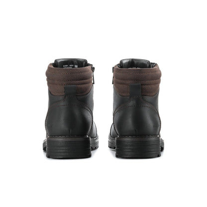 Men's black ankle boots with rear heel tab and thick treaded rubber sole