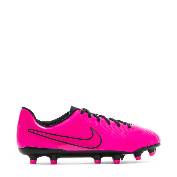 Youth soccer cleat, fierce pink with black Nike swoosh, black laces, molded studs