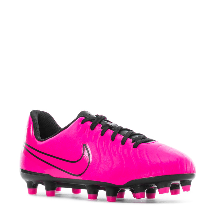 Youth soccer cleat, fierce pink with black collar, Nike swoosh, molded stud outsole
