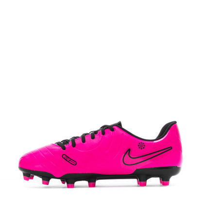 Youth soccer cleat, fierce pink with black Nike swoosh, lace-up design, studded sole