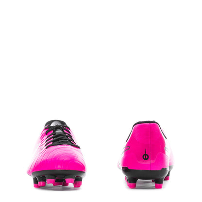 Youth soccer cleat pair view, fierce pink upper with black heel and molded studs