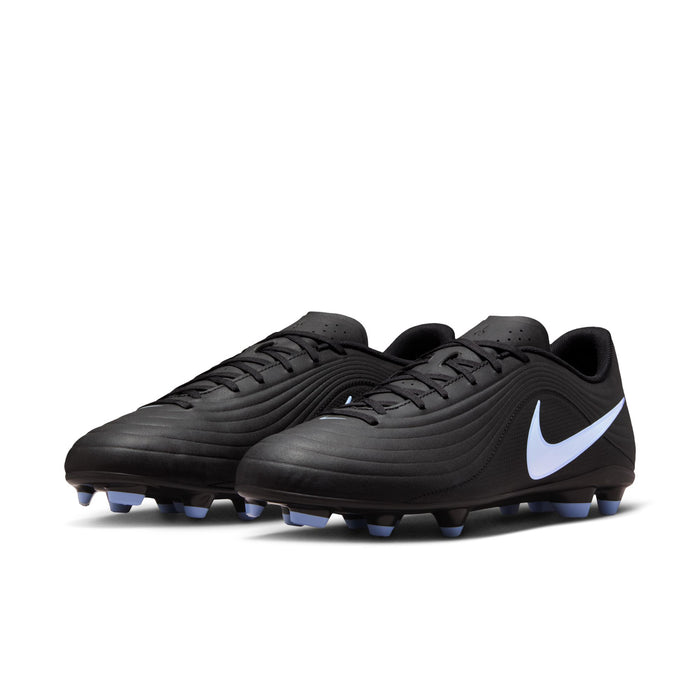 Black soccer cleats with light blue Nike swoosh and blue-tipped ground studs