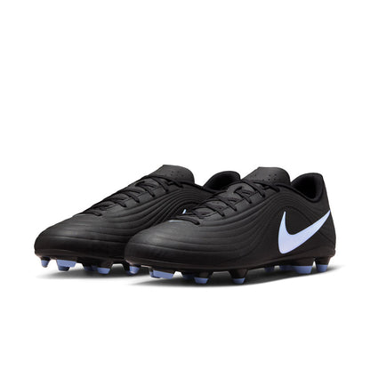 Black soccer cleats with light blue Nike swoosh and blue-tipped ground studs