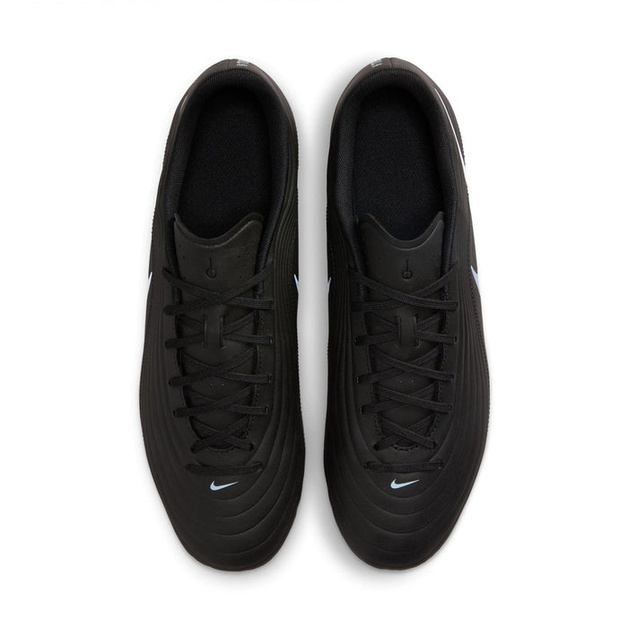 Black soccer cleats, front view with black laces and light blue Nike logo