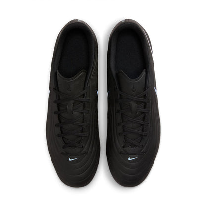 Black soccer cleats, front view with black laces and light blue Nike logo
