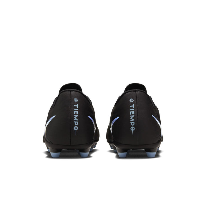 Black soccer cleats, heel view with light blue “TIEMPO” branding and studs