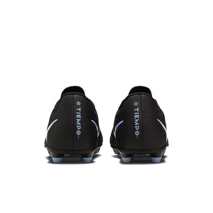 Black soccer cleats, heel view with light blue “TIEMPO” branding and studs