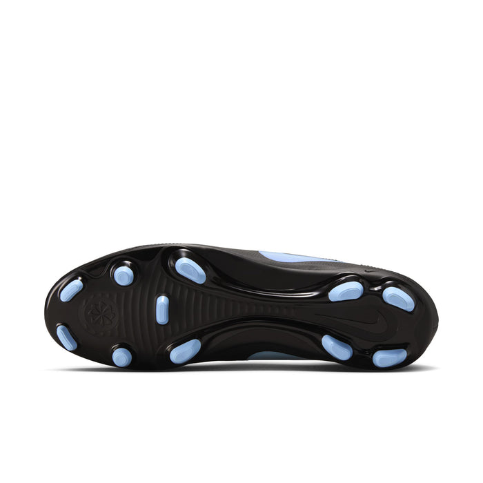 Black outsole with molded studs and light blue traction details on soccer cleat
