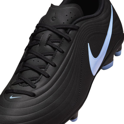 Close-up black soccer cleat upper with black laces and light blue Nike swoosh