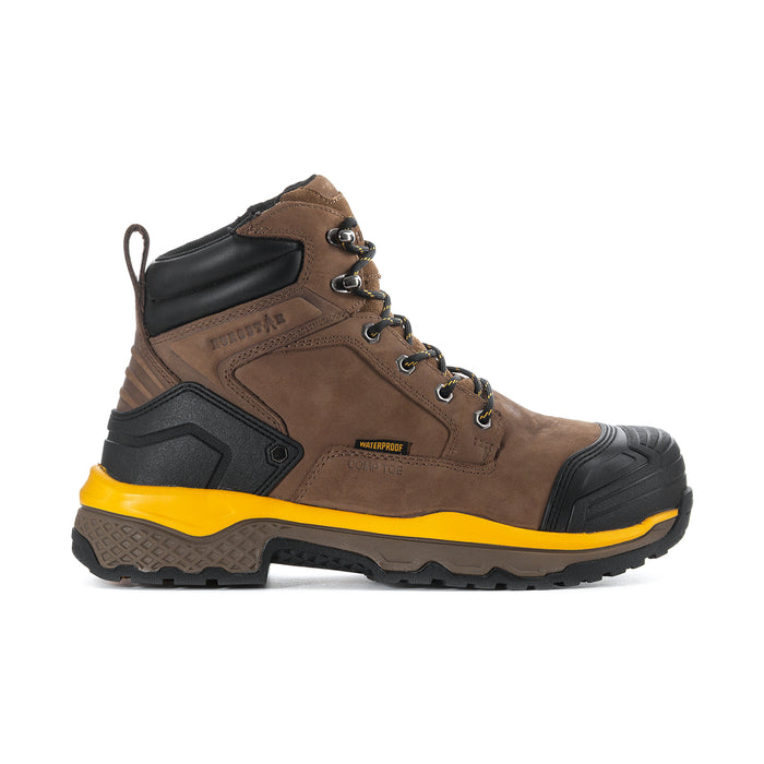 Men's composite-toe work boot in tan with black panels and bright yellow outsole