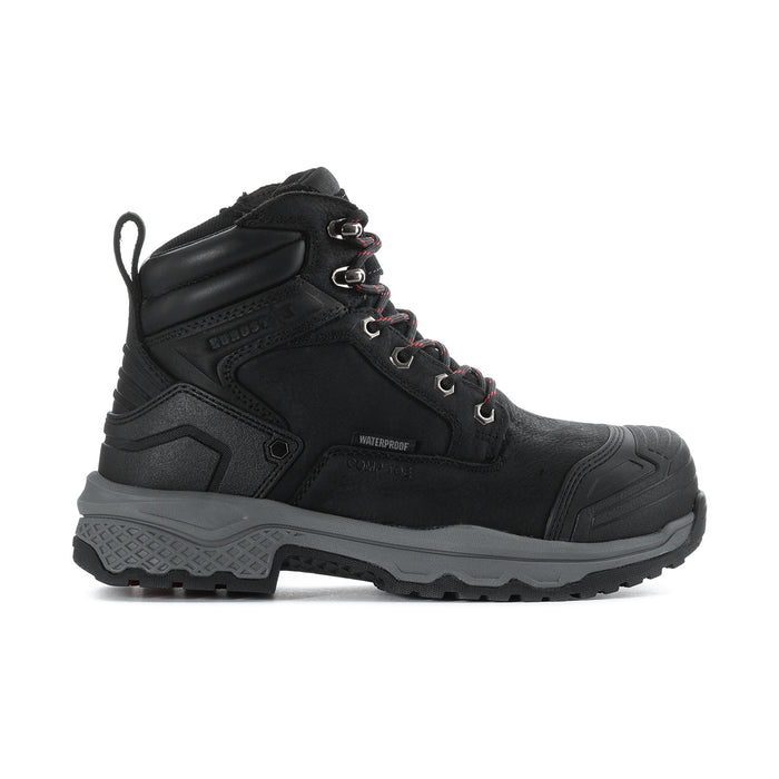 Men's black composite-toe work boot with lace-up front and rugged tread sole