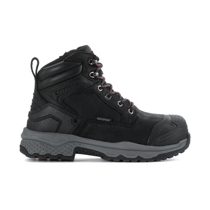 Men's black composite-toe work boot with lace-up front and rugged tread sole