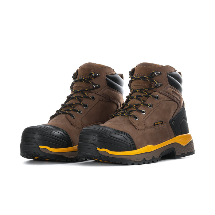 Pair of men's composite-toe work boots, tan uppers with black accents and yellow sole