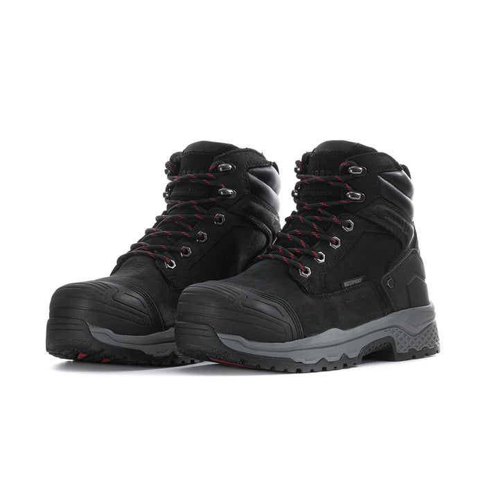 Pair of men's black composite-toe work boots, lace-up with thick rubber outsole