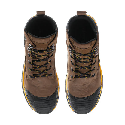 Men's composite-toe work boot pair, tan uppers with black laces and yellow sole edge