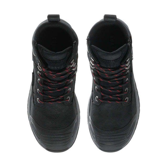 Men's black composite-toe work boots, front view with lace pattern and padded collar