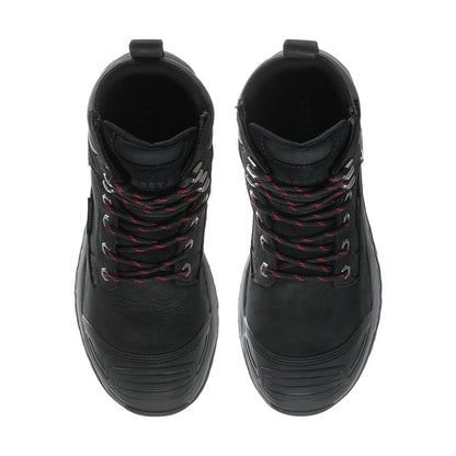 Men's black composite-toe work boots, front view with lace pattern and padded collar