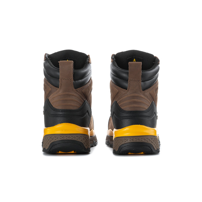Men's composite-toe work boot heel view, tan and black with yellow outsole