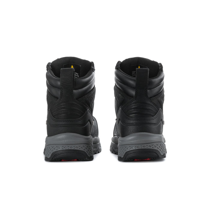 Men's black composite-toe work boots, back view with pull tab and cushioned heel