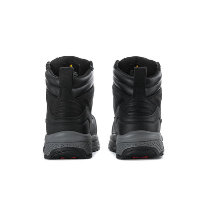 Men's black composite-toe work boots, back view with pull tab and cushioned heel