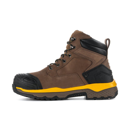 Men's composite-toe work boot side view, tan leather with black collar and yellow sole