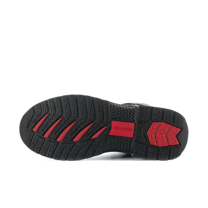 Men's black boot outsole with textured traction and red logo detail