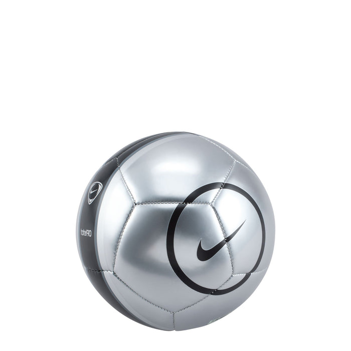 Mini metallic silver soccer ball with black Nike swoosh and curved panel design