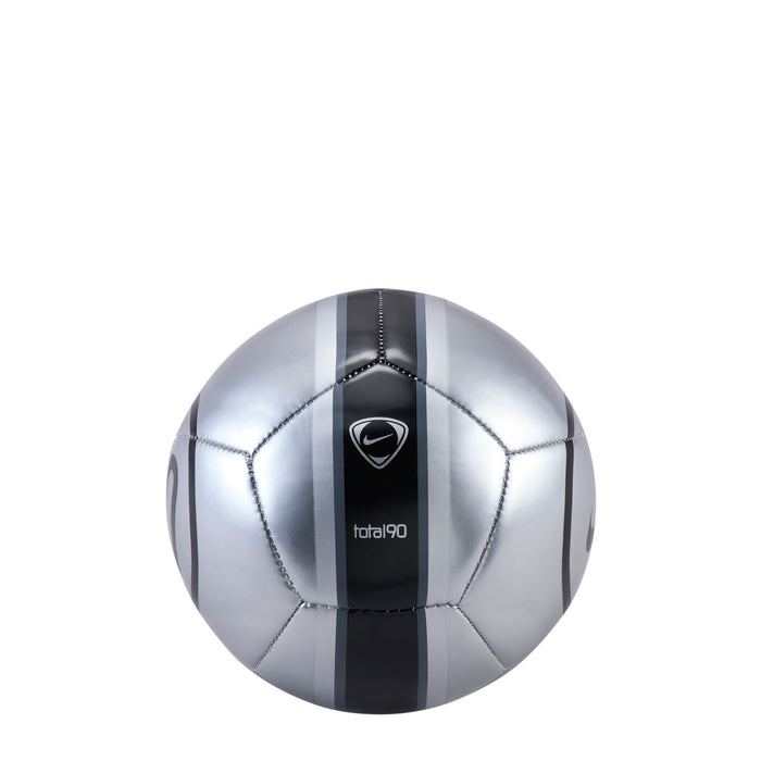 Mini metallic silver soccer ball with black vertical stripe, Nike swoosh, total90 logo