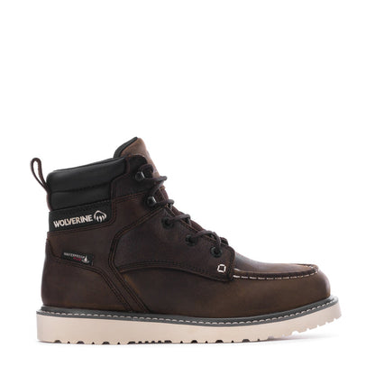 Men's dark brown Wolverine lace-up wedge moc-toe ankle boots with padded collar