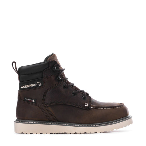 Men's dark brown Wolverine lace-up wedge moc-toe ankle boots with padded collar