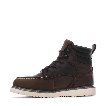 Dark brown moc-toe lace-up ankle boots with side strap detail and white contrast sole