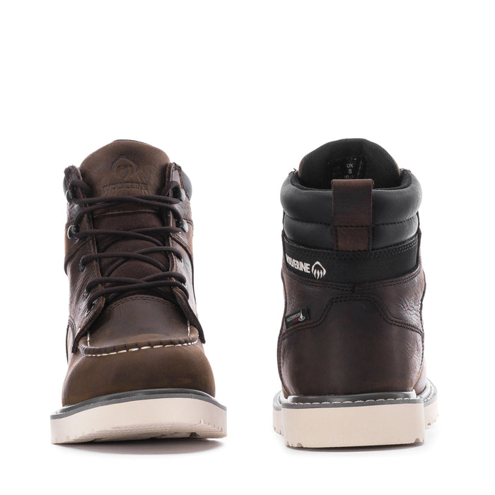 Pair of dark brown lace-up moc-toe ankle boots, front and heel views with padded collars