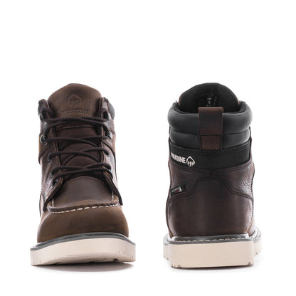 Pair of dark brown lace-up moc-toe ankle boots, front and heel views with padded collars