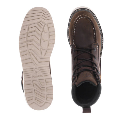 Dark brown moc-toe lace-up ankle boot with light outsole tread and detailed collar