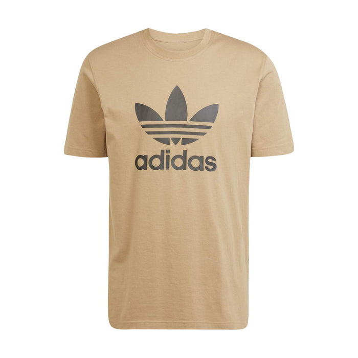 Men's tan graphic T-shirt with adidas trefoil logo on the chest