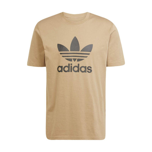 Men's tan graphic T-shirt with adidas trefoil logo on the chest