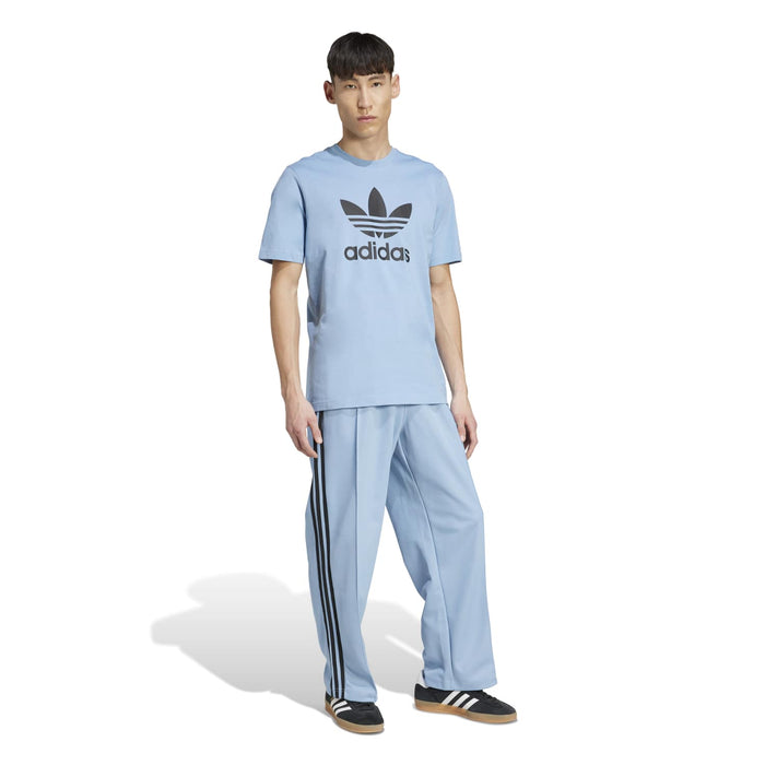 Men's light blue trefoil adidas t-shirt and track pants set, full-body view
