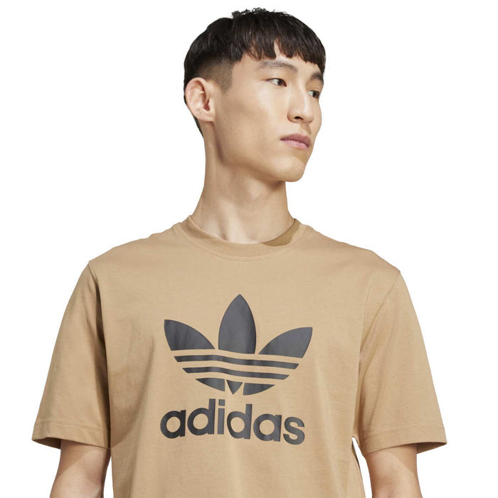 Men's tan adidas trefoil graphic crew-neck T-shirt, front view