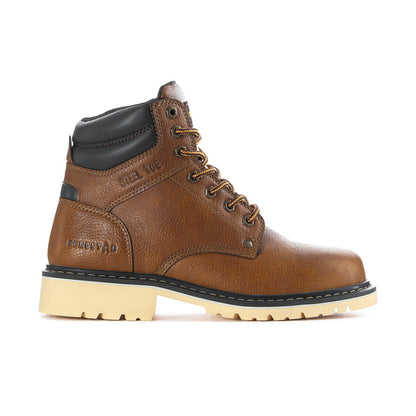 Men's tan work boot, black collar, tan laces, rugged sole
