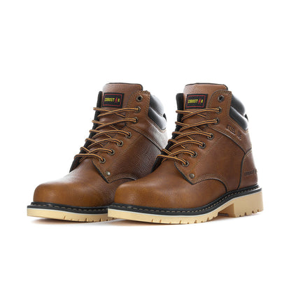 Pair of men's tan work boots with black heel panels and tan lace-up front