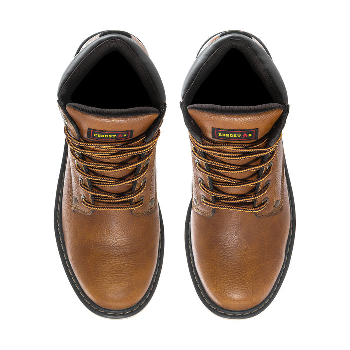 Men's tan lace-up boot openings with black lining and padded collar