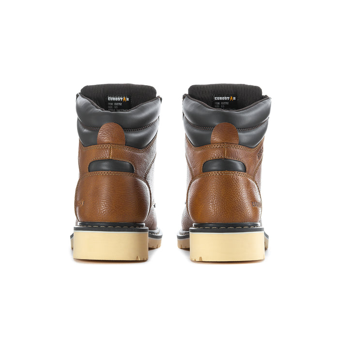 Pair of men's tan-and-black work boots, rear view with cushioned collar