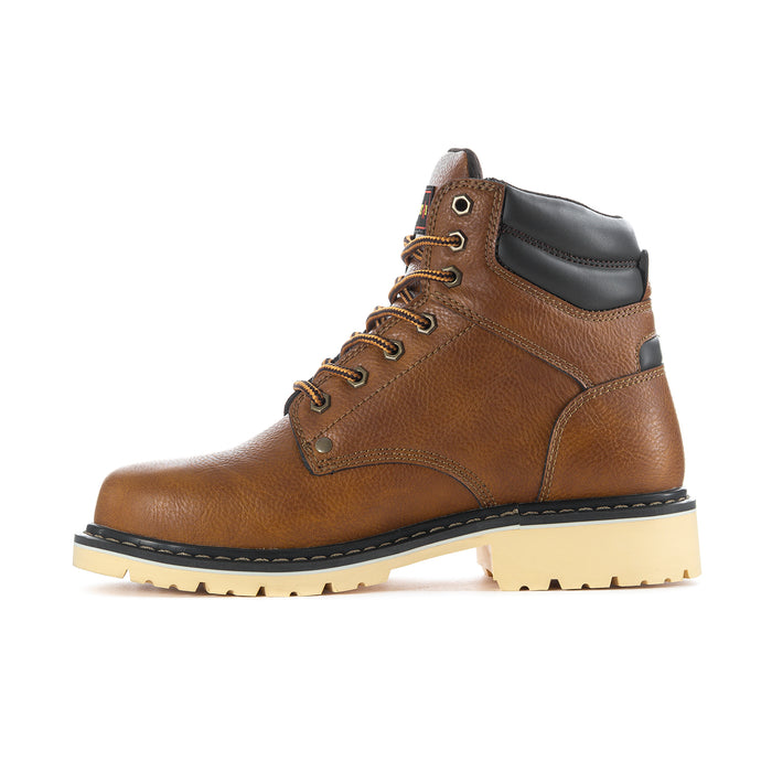 Men's tan leather work boot with black side panel, lace-up design, rugged sole
