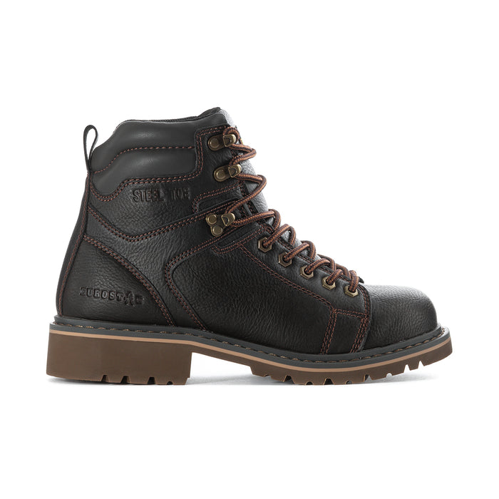 Men's steel toe work boot in dark brown with lace-up, padded collar, and side stitching
