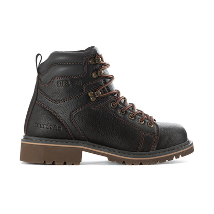 Men's steel toe work boot in dark brown with lace-up, padded collar, and side stitching