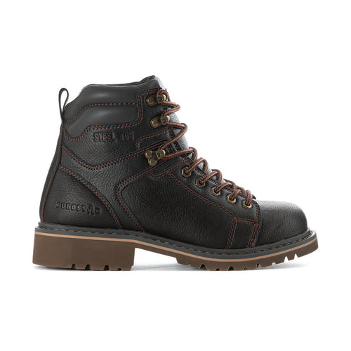 Men's steel toe work boot in dark brown with lace-up, padded collar, and side stitching