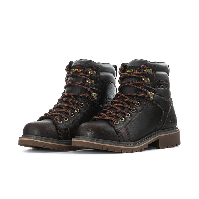 Pair of men’s steel toe work boots, dark brown leather uppers with brown lace details