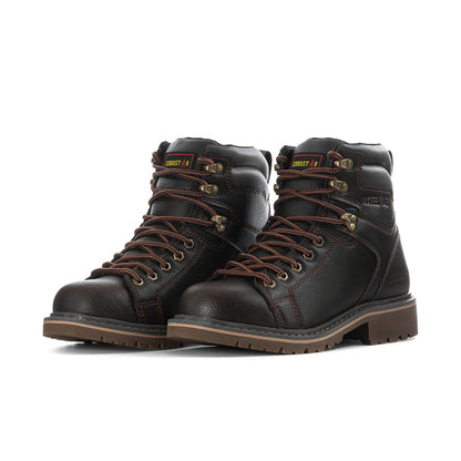 Pair of men’s steel toe work boots, dark brown leather uppers with brown lace details